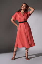 Turned Up Sleeve Midi Dress - Orange
